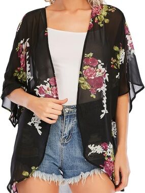 Black Floral Sheer Kimono Cardigan